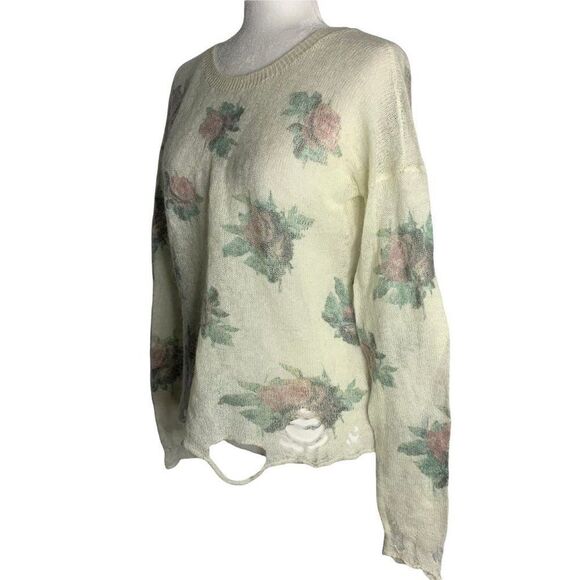 Miss Me Wool Blend Cropped Sweater L Cream Floral Knit Distressed Crew Neck - Picture 3 of 6
